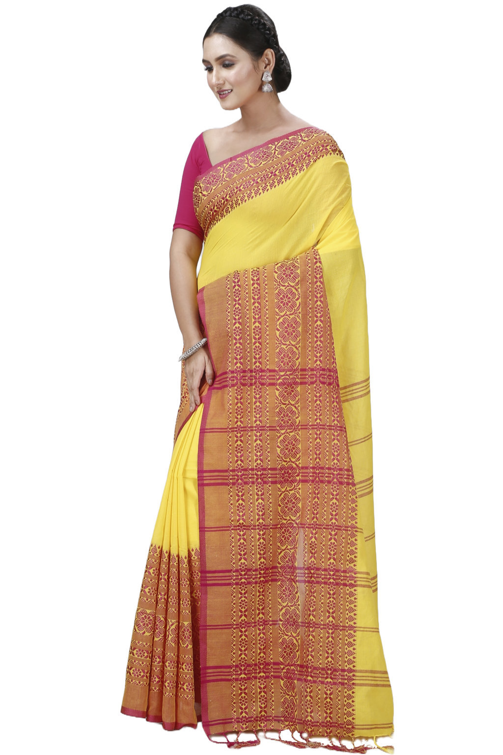 Yellow Red Pure Cotton Begompuri_Hand Hand Loom Saree (1287)